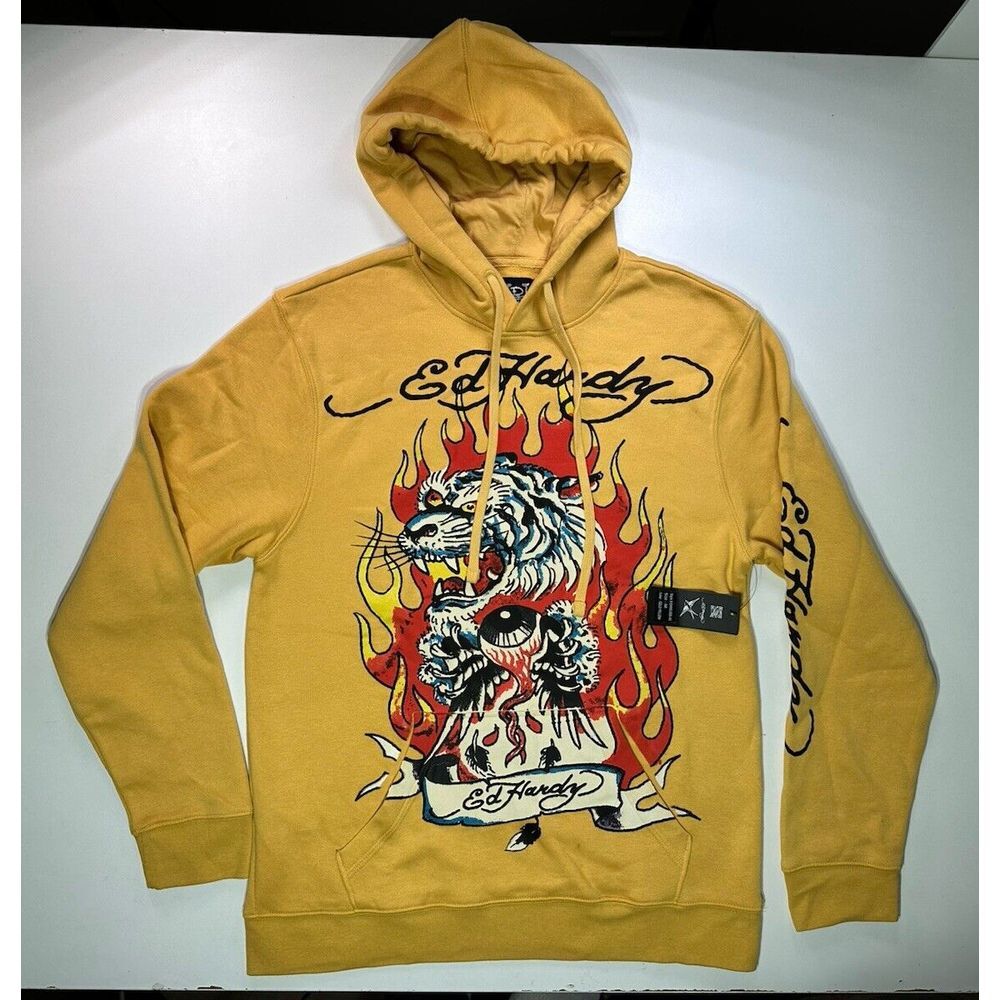 NWT Ed Hardy Retro Fire Tiger Tattoo Golden Yellow Hoodie Sweatshirt Mens Medium